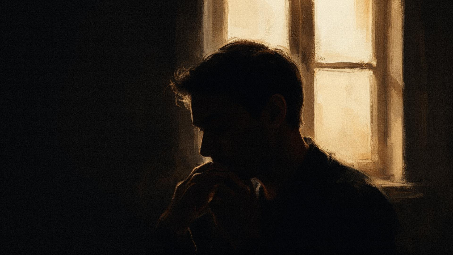 A figure sits in contemplation by warm window light, painted in chiaroscuro.